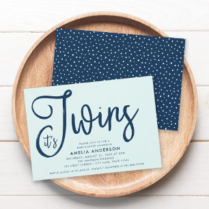 Trendy Blue Script Mint It's Twins Baby Shower Invitation
