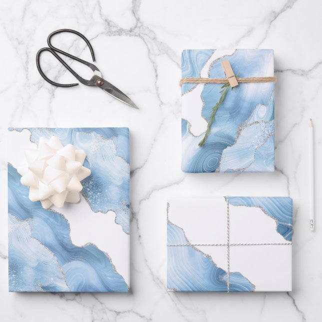 Trendy Blue Silver Agate Wrapping Paper Sheets (Front)