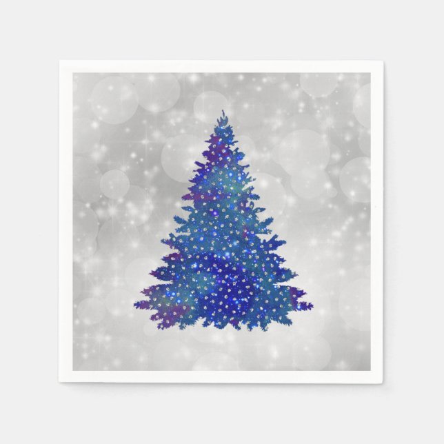 Trendy Blue Silver Glitter Tree Christmas Napkins (Front)