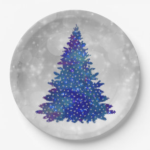 Trendy Blue Silver Glitter Tree Christmas Paper Plates