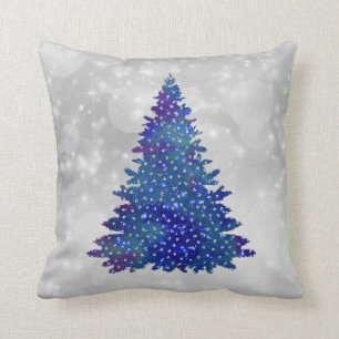 Trendy Blue Silver Glitter Tree Christmas Throw Pillow