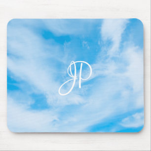 Trendy Blue Sky White Clouds Handwritten Monogram Mouse Pad