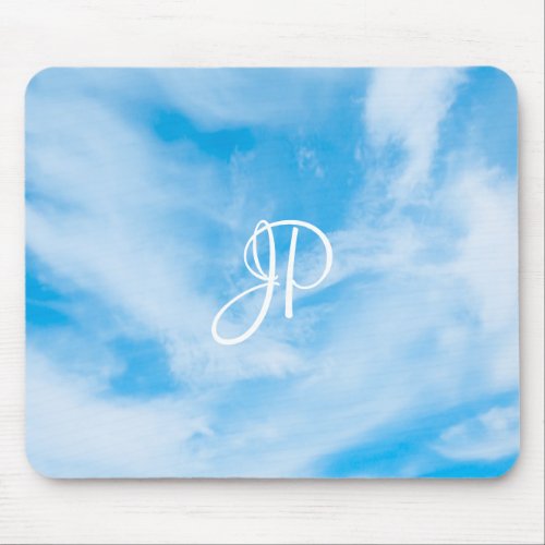 Trendy Blue Sky White Clouds Handwritten Monogram Mouse Pad