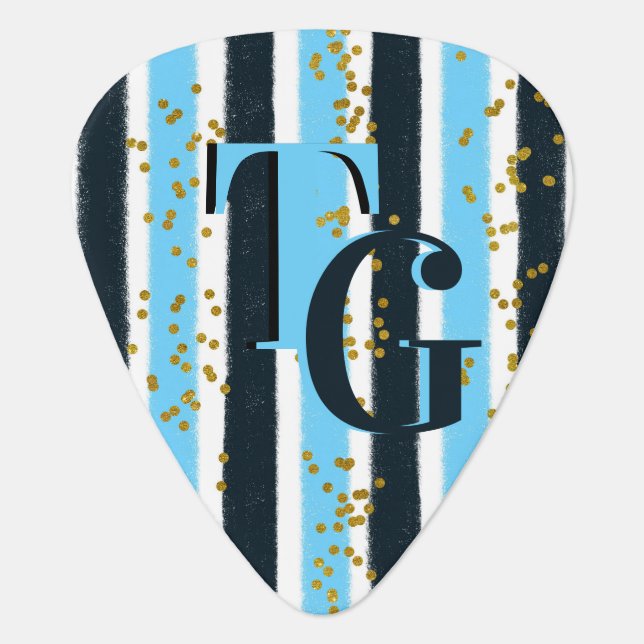 Trendy Blue Stripe Gold Glitter Double Monogram  Guitar Pick (Front)