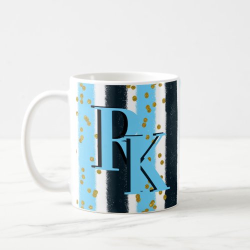 Trendy Blue Stripe Gold Glitter Monogram Glam Coffee Mug