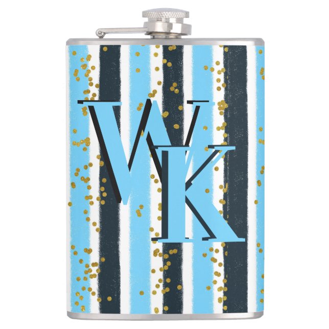 Trendy Blue Stripe Gold Glitter Monogram Glam Flask (Front)