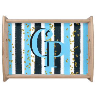 Trendy Blue Stripe Gold Glitter Monogram Glam Serving Tray