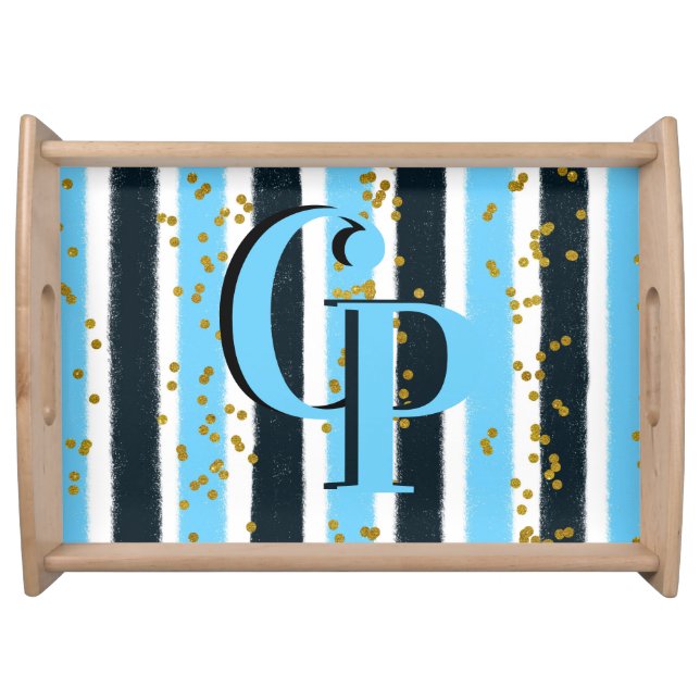Trendy Blue Stripe Gold Glitter Monogram Glam Serving Tray (Front)