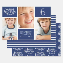 Trendy Blue Stripe Photo Collage Happy Birthday Wrapping Paper Sheets