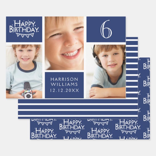 Trendy Blue Stripe Photo Collage Happy Birthday Wrapping Paper Sheets (Set)