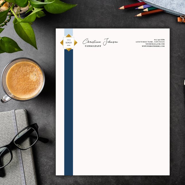 Trendy Blue Stripes Gold Logo Letterhead (Creator Uploaded)