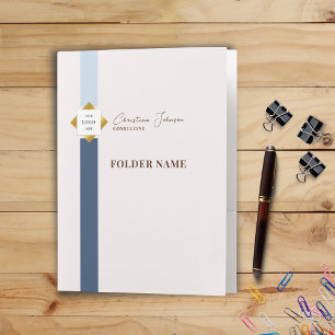 Trendy Blue Stripes Gold Logo Pocket Folder