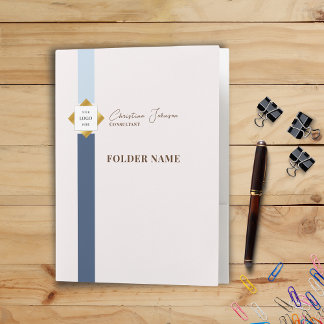 Trendy Blue Stripes Gold Logo Pocket Folder
