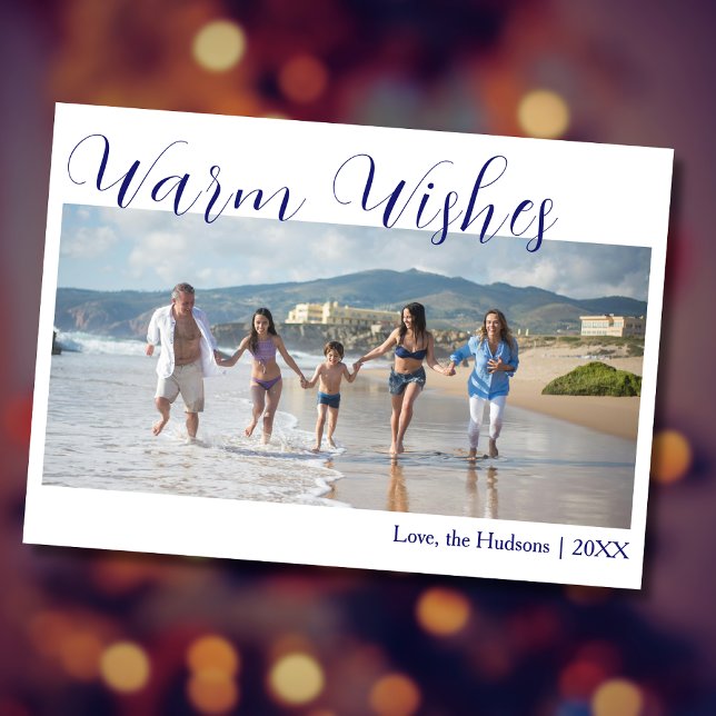 Trendy Blue Warm Wishes Two Beach Family Photo  Holiday Card (Creator Uploaded)