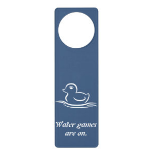 Trendy Blue "Water games are on!" Bath Door Hanger