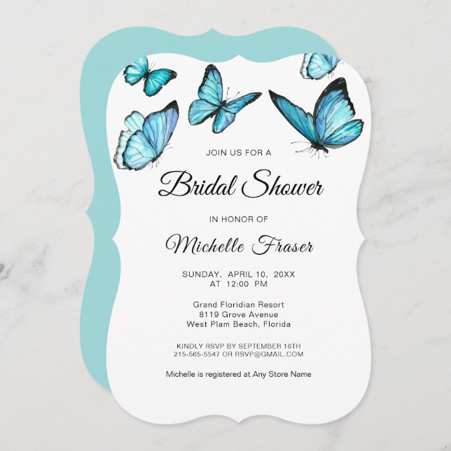 Trendy blue watercolor butterflies bridal Shower Invitation (Front/Back)