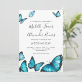 Trendy blue watercolor butterflies. Modern Wedding Invitation (Standing Front)
