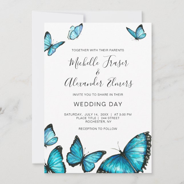 Trendy blue watercolor butterflies. Modern Wedding Invitation (Front)