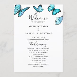 Trendy blue watercolor butterflies. Nature Wedding Program