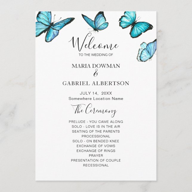 Trendy blue watercolor butterflies. Nature Wedding Program (Front)