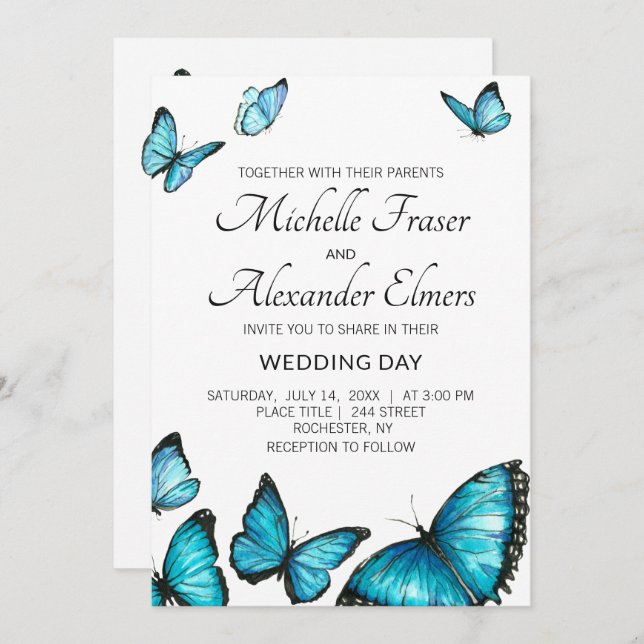 Trendy blue watercolor butterflies. Wedding Invitation (Front/Back)
