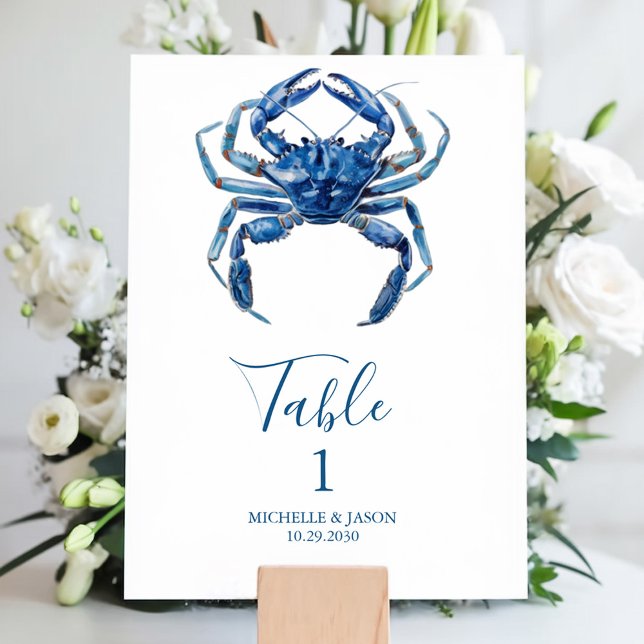 Trendy Blue Watercolor Crab Nautical  Table Number (Creator Uploaded)