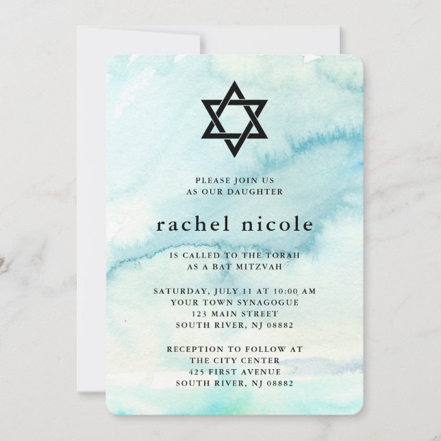Trendy Blue Watercolor Look Bat Mitzvah Invitation (Front)