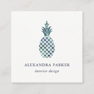 Trendy Blue Watercolor Look Pineapple Square Business Card