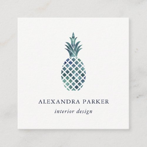 Trendy Blue Watercolor Look Pineapple Square Business Card