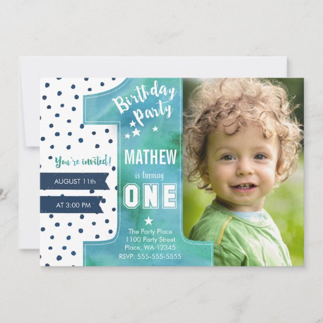 Trendy | Blue | Watercolour | First Birthday | Invitation (Front)