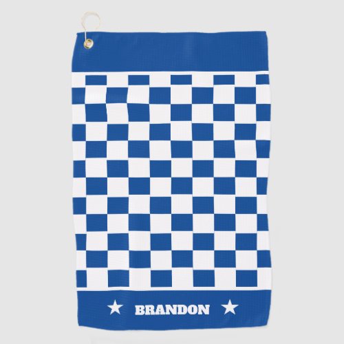 Trendy Blue White Checkered Pattern  Stars Custom Golf Towel