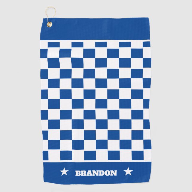 Trendy Blue White Checkered Pattern & Stars Custom Golf Towel (Front)