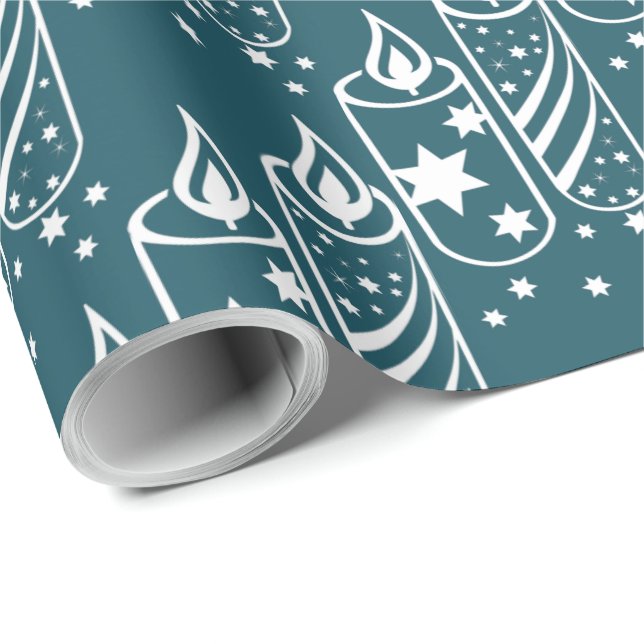Trendy Blue & White Christmas Candles Wrapping Paper (Roll Corner)