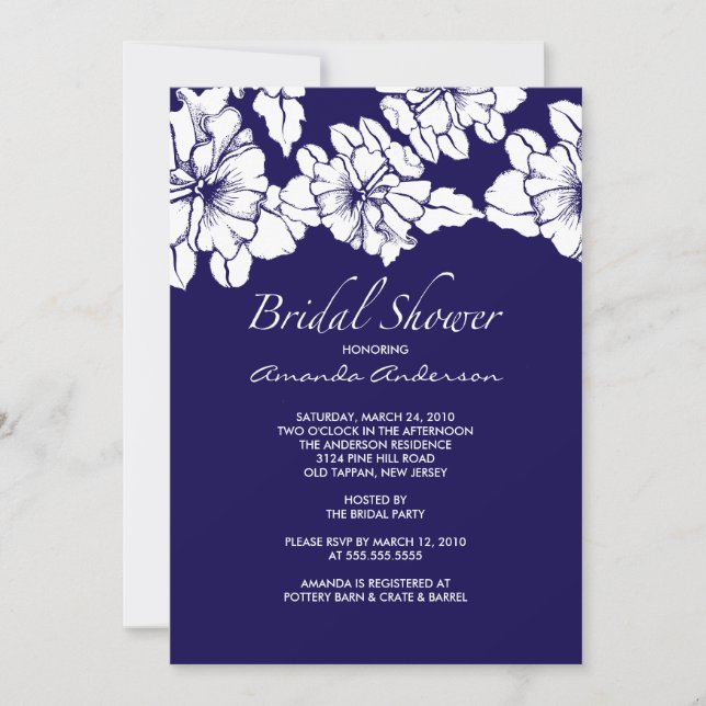 Trendy Blue & White Floral Bridal Shower Invite (Front)
