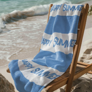 Trendy Blue White Stripe Happy Summer! Beach Towel