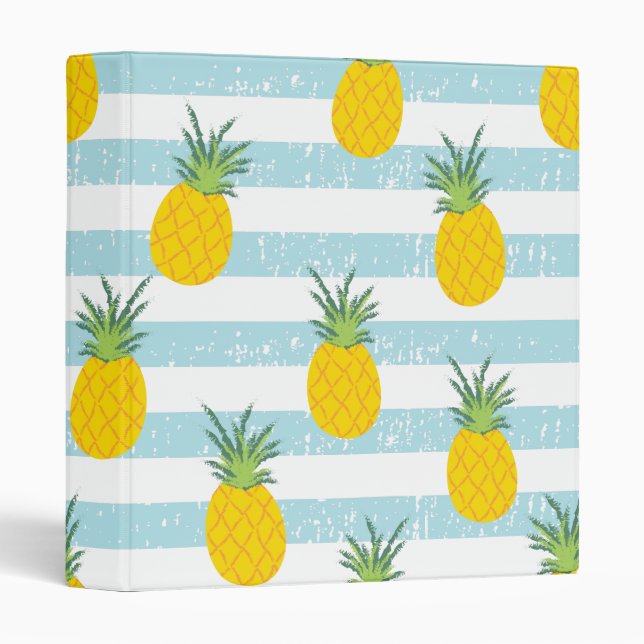 Trendy Blue White Stripes Pineapple Pattern 3 Ring Binder (Front/Spine)