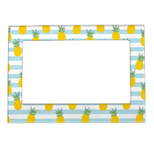 Trendy Blue White Stripes Pineapple Pattern Magnetic Frame