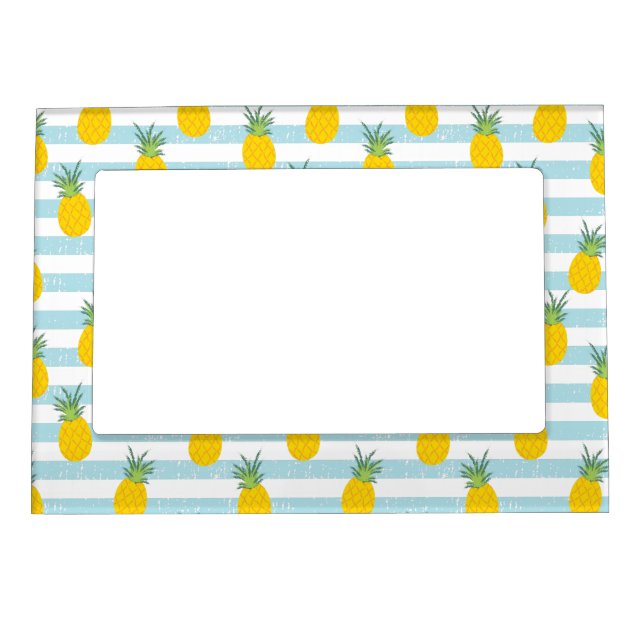 Trendy Blue White Stripes Pineapple Pattern Magnetic Frame (Front)