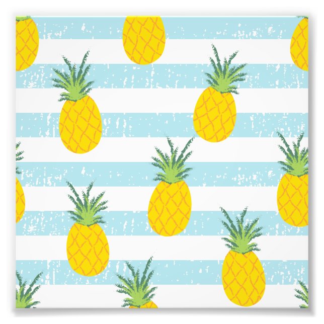 Trendy Blue White Stripes Pineapple Pattern Photo Print (Front)