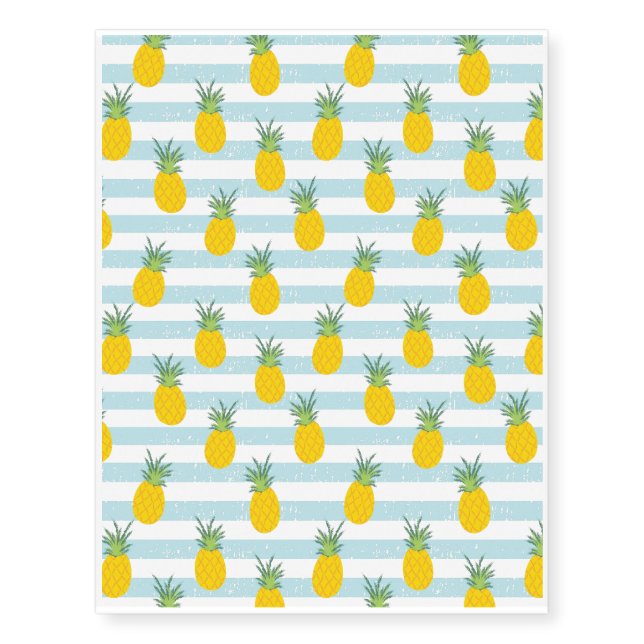 Trendy Blue White Stripes Pineapple Pattern Temporary Tattoos (Front)