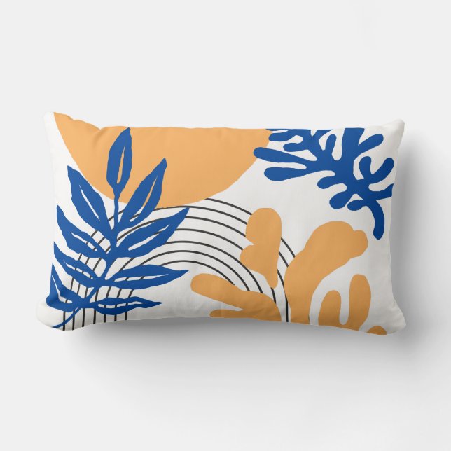 Trendy Blue Yellow Abstract Botanical Shapes Art Lumbar Pillow (Front)