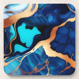 Trendy Blue yellow Gold faux marble Beverage Coaster