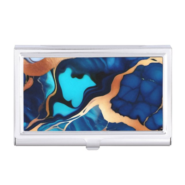 Trendy Blue yellow Gold faux marble  Business Card Case (Front)
