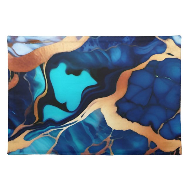 Trendy Blue yellow Gold faux marble Cloth Placemat (Front)