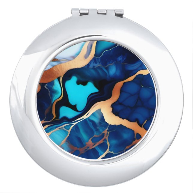 Trendy Blue yellow Gold faux marble  Compact Mirror (Front)