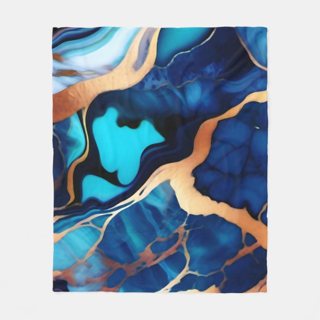 Trendy Blue yellow Gold faux marble  Fleece Blanket (Front)