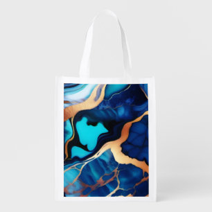 Trendy Blue yellow Gold faux marble Grocery Bag
