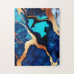 Trendy Blue yellow Gold faux marble Jigsaw Puzzle