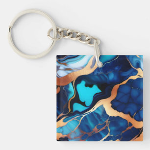 Trendy Blue yellow Gold faux marble Keychain