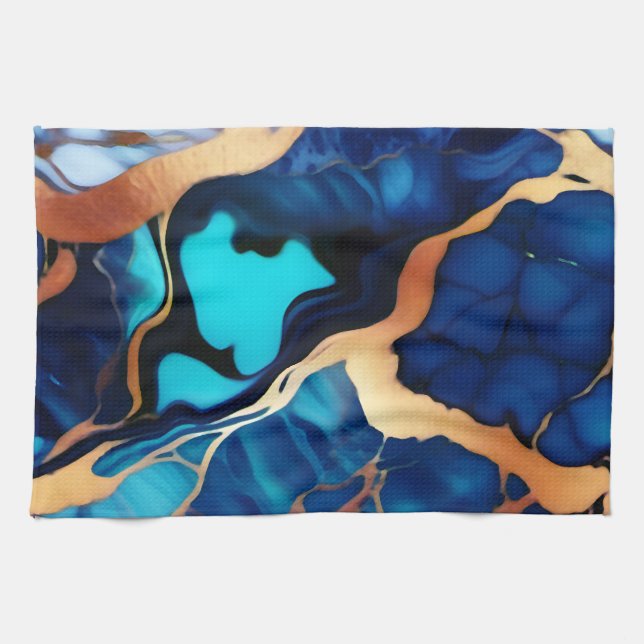 Trendy Blue yellow Gold faux marble Kitchen Towel (Horizontal)